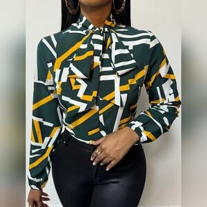 SHEIN Geometric Print Blouse - Dark Green, Mustard, White